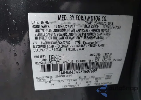 2008 Mercury Sable Premier из США, поврежденный, VIN 1MEHM43W98G607689